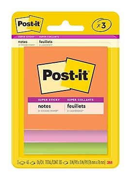 Post-it Super Sticky Notes, 3 x 3, Energy Boost Collection, 45 Sheets/Pad, 4 Pads/Pack (3221-SSAU)