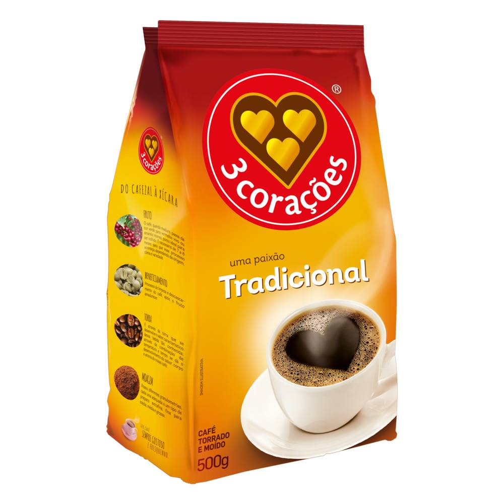 3 Corações café torrado e moído tradicional (500 g)