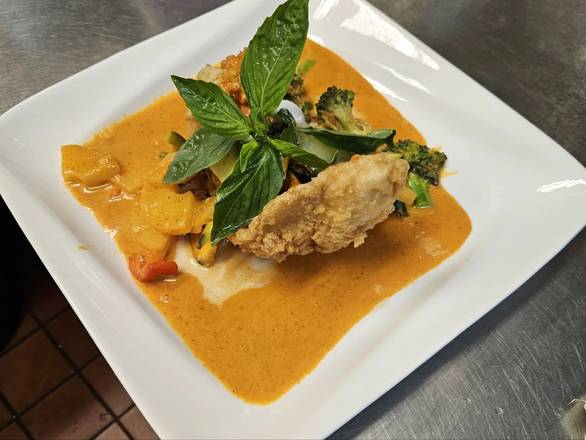 16. Crispy Sea Bass with Panaeng Curry, Pineapple, Vegetables and a bowl of jasmine steam rice. (medium spicy) ** New