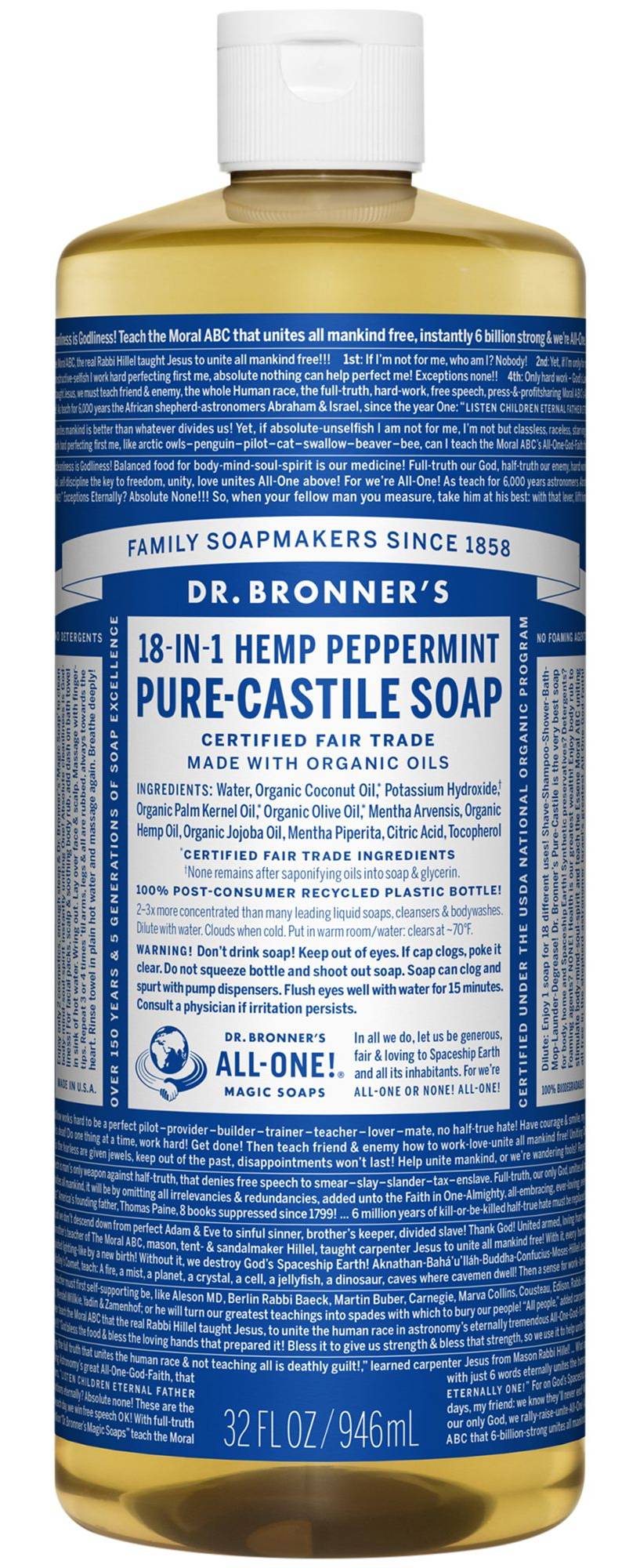 18-In-1 Hemp Pure-Castile Soap - Made With Organic Oils - Peppermint (32 Fluid Ounces)