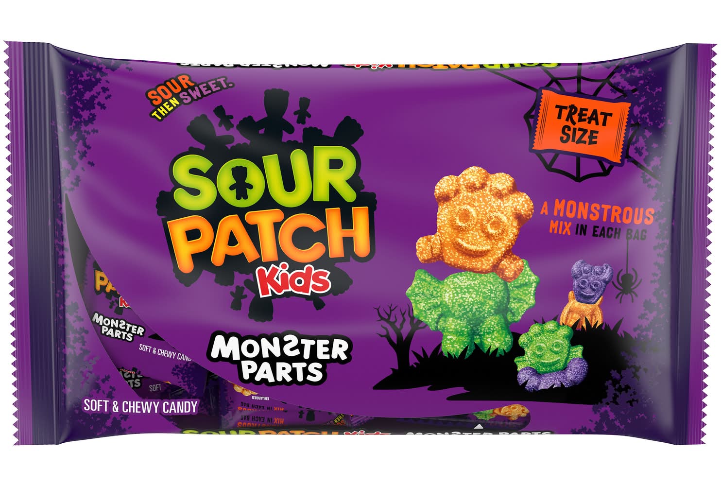 Sour Patch Kids Monster Parts Soft & Chewy Gummy Halloween Candy, Orange-Black Raspberry-Watermelon (8.88 oz, 18 ct)
