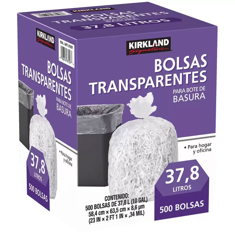 Kirkland Signature · Bolsas para bote de basura 37.8 l, 58.4x63.5cm x 8.6µm, transparente (500 un)