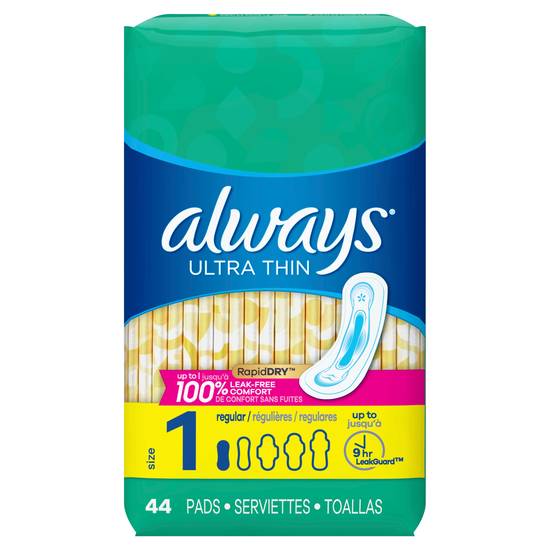 Always Ultra Thin Pads Size 1 Regular Absorbency Unscented with Wings, 44 Count