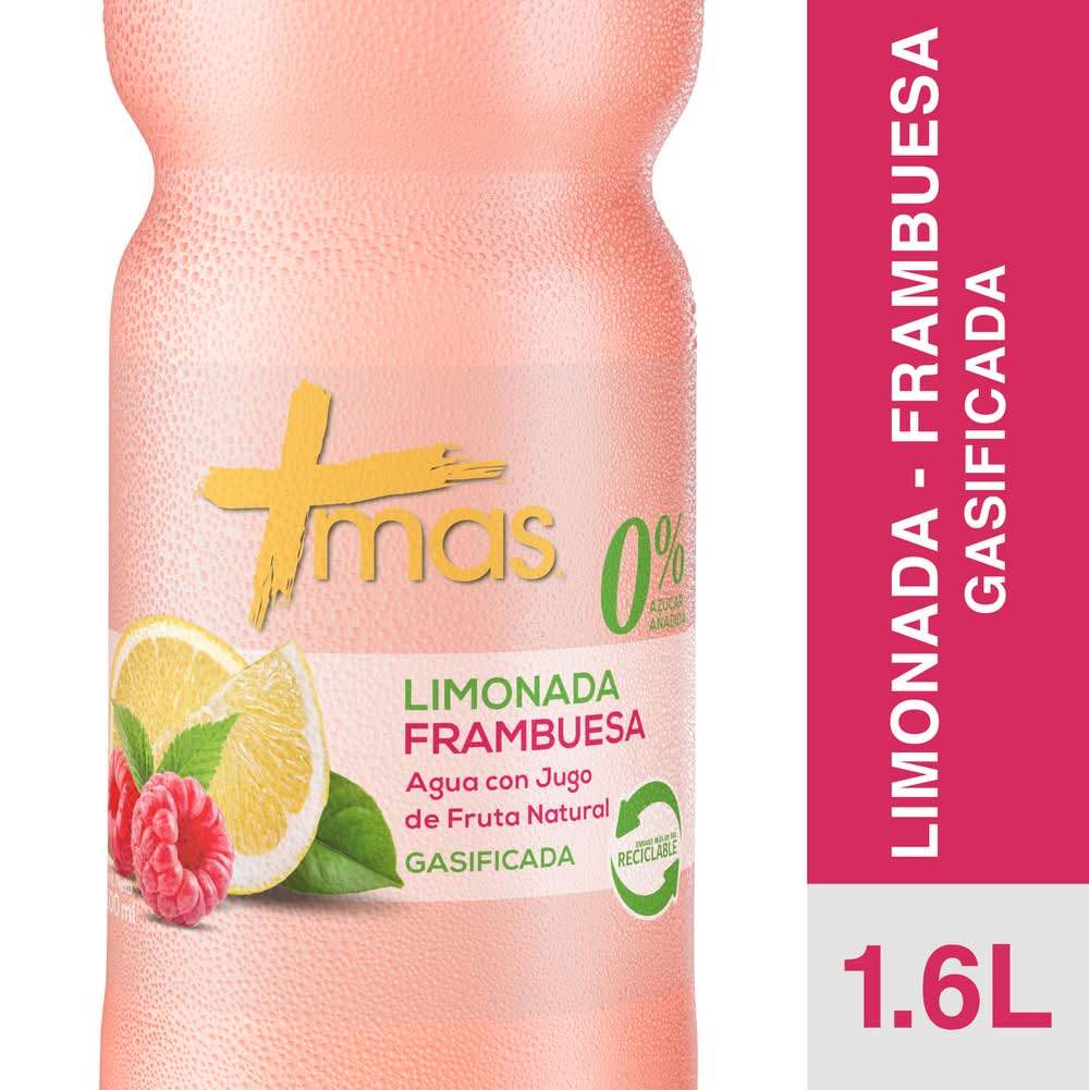 MAS · Agua gasificada con jugo de frutas - Limonada-Frambuesa (1,6 L)
