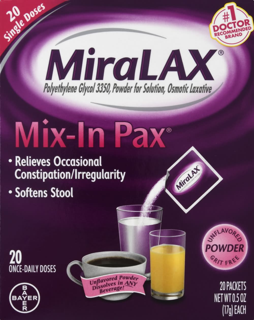 MiraLAX Mix in Pax Polyethylene Glycol 3350 Powder Osmotic Laxative (20 x 0.5 oz)