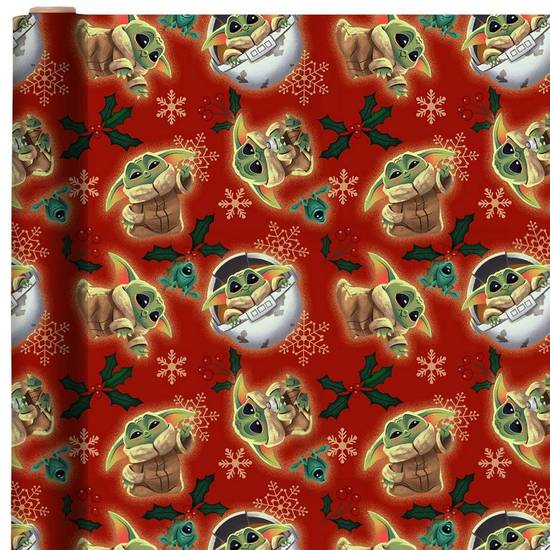 Holly Snowflakes The Child Gift Wrapping Paper, 9ft x 40in (30 sq ft) - Star Wars: The Mandalorian