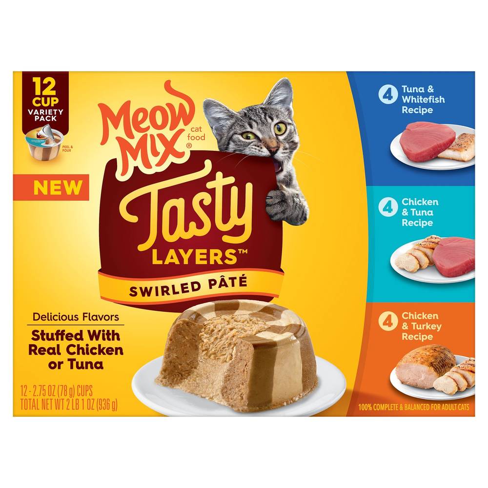 Meow Mix Tasty Layers Swirled Pate Cat Food (12 ct) (chicken-tuna-turkey-whitefish)