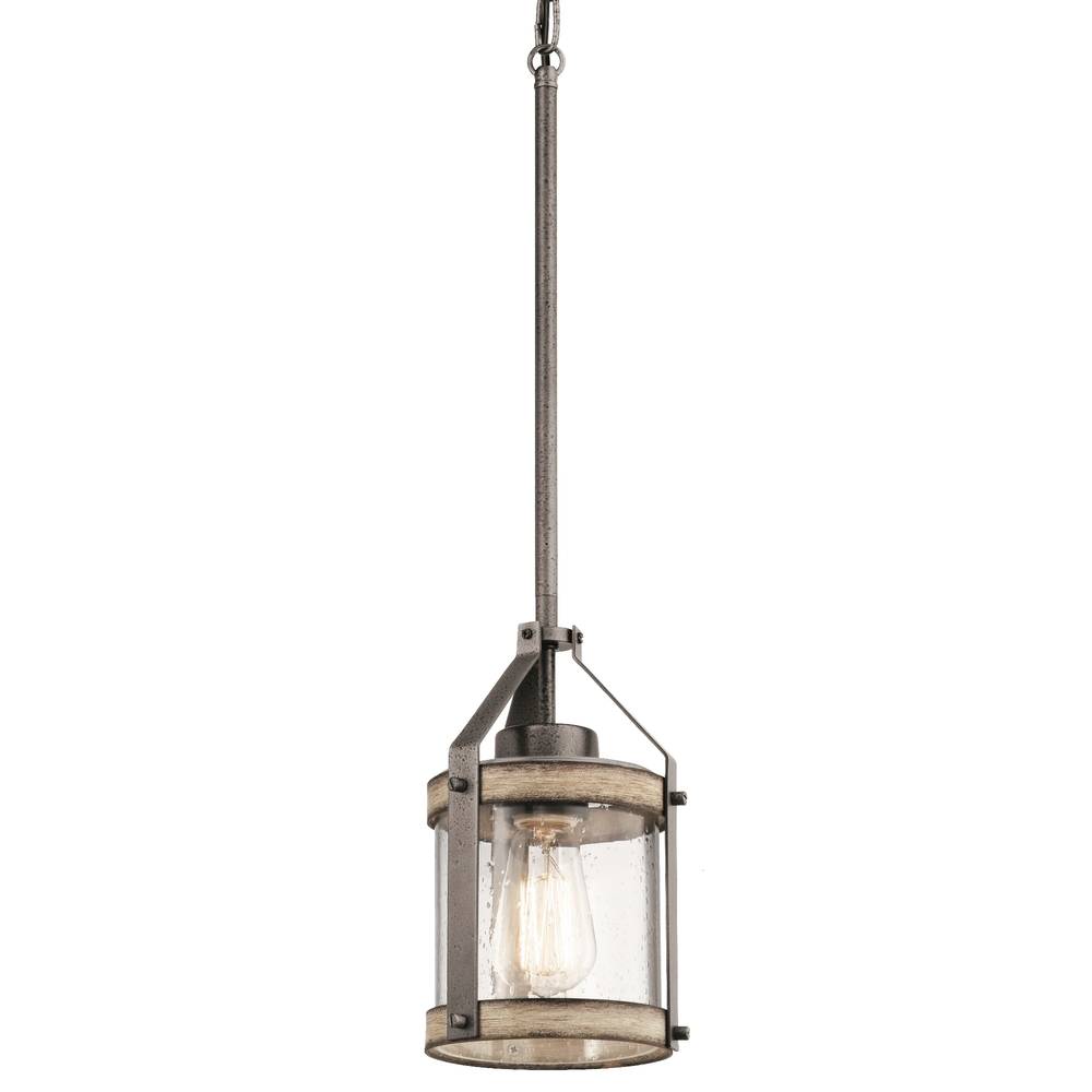 Kichler Barrington Anvil Iron and Distressed Antique Grey Rustic Seeded Glass Cylinder Mini Hanging Pendant Light | 34810A