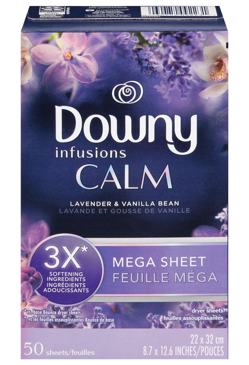 Downy Infusions Calm Laundry Fabric Softener Mega Dryer Sheets, Lavender-Vanilla Bean, 8.7x12.6 In (50 ct)