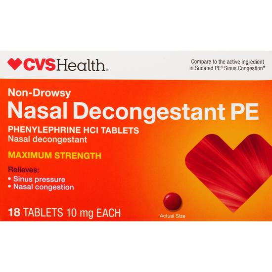 CVS Health Non-Drowsy Maximum Strength Nasal Decongestant PE, 10mg Phenylephrine HCl, 18 CT