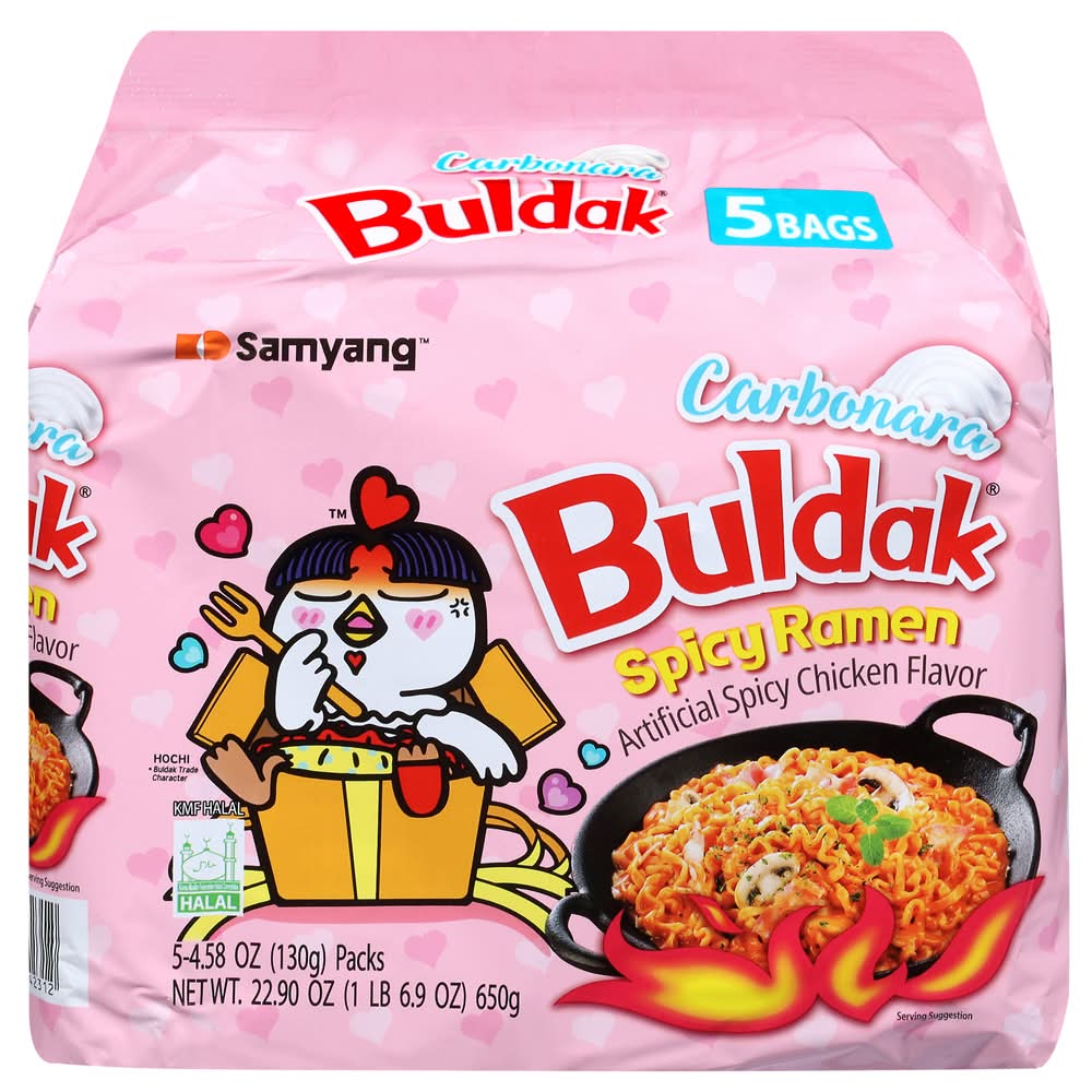 Samyang Buldak Carbonara Stir-Fried Ramen Noodles, Spicy Chicken (5 x 4.58 oz)