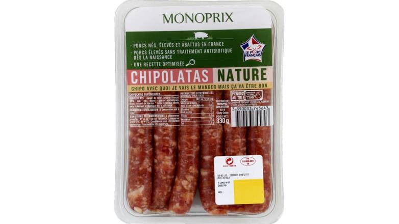 Monoprix Chipolatas nature de porc eleve sans traitement antibiotique La barquette de 6 , 330 g