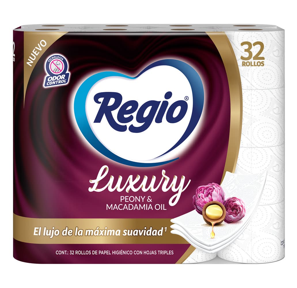 Regio · Luxury papel higiénico hoja triple, peony & macadamia oil (32 un)