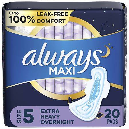 Always Maxi Overnight Pads with Wings for Women, Extra Heavy Overnight Absorbency Unscented, Size 5 - 20.0 ea