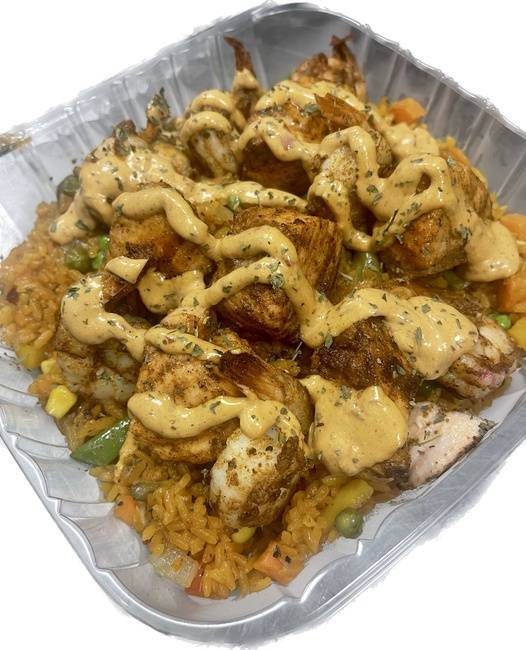 Salmon Bites Over Shrimp Fried Rice