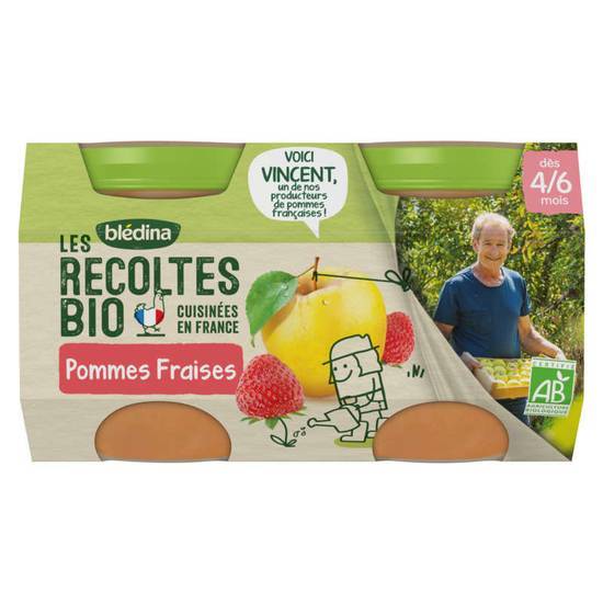 Bledina Les Récoltes Bio - Purée de Pommes Fraises - Petits pots - Dès 6 mois - Biologique 2x130g