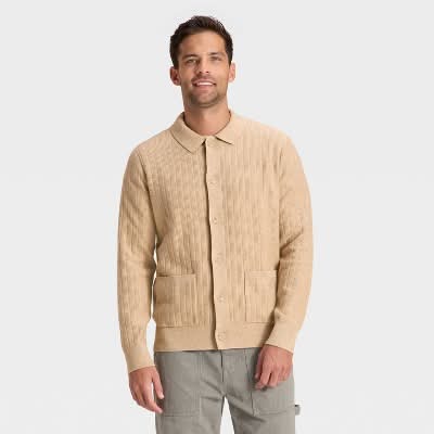 Men's Collared Cardigan Sweater - Goodfellow & Co.™ Oatmeal S