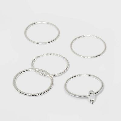 Clear Stone and Four Thin Ring Set 5pc - A New Day™ Silver 8: Stacking Jewelry, Glass Brass Zinc Material