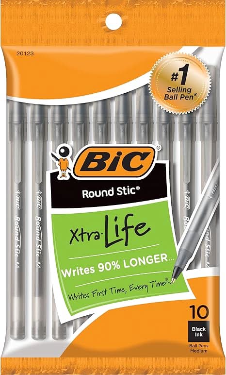 Pen Bic Round Stick Comfort Grip Medium Point 10 Pack Black