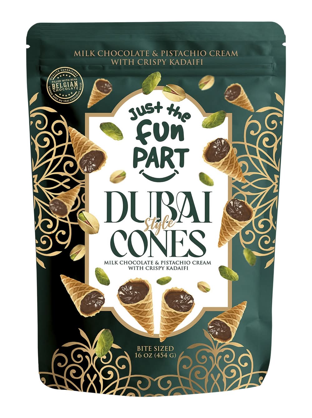 Cônes De Style Dubaï - Chocolat Au Lait Et Crème Aux Pistaches Avec Kadaifi Croquant, 454 G / Dubai Style Cones - Milk Chocolate And Pistachio Cream With Crispy Kadaifi, 454 G