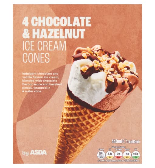 ASDA Chocolate & Hazelnut, Ice Cream Cones (4 pack)