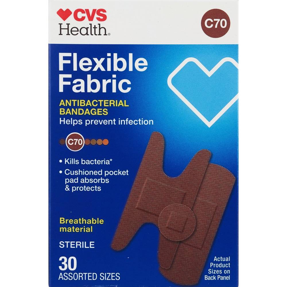 CVS Health Flexible Fabric Antibacterial Bandages, C70, Assorted Sizes, 30 CT