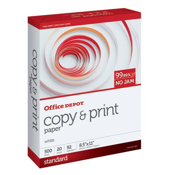 Office Depot® Multi-Use Printer & Copy Paper, White, Letter (8.5" x 11"), 500 Sheets Per Ream, 20 Lb, 92 Brightness, 851201RM