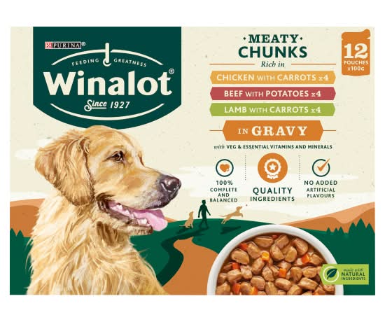 Winalot Chicken Carrots-Beef Potatoes-Lamb Carrots, Variety pack Gravy Wet Dog Food Pouches (12 x 100g)