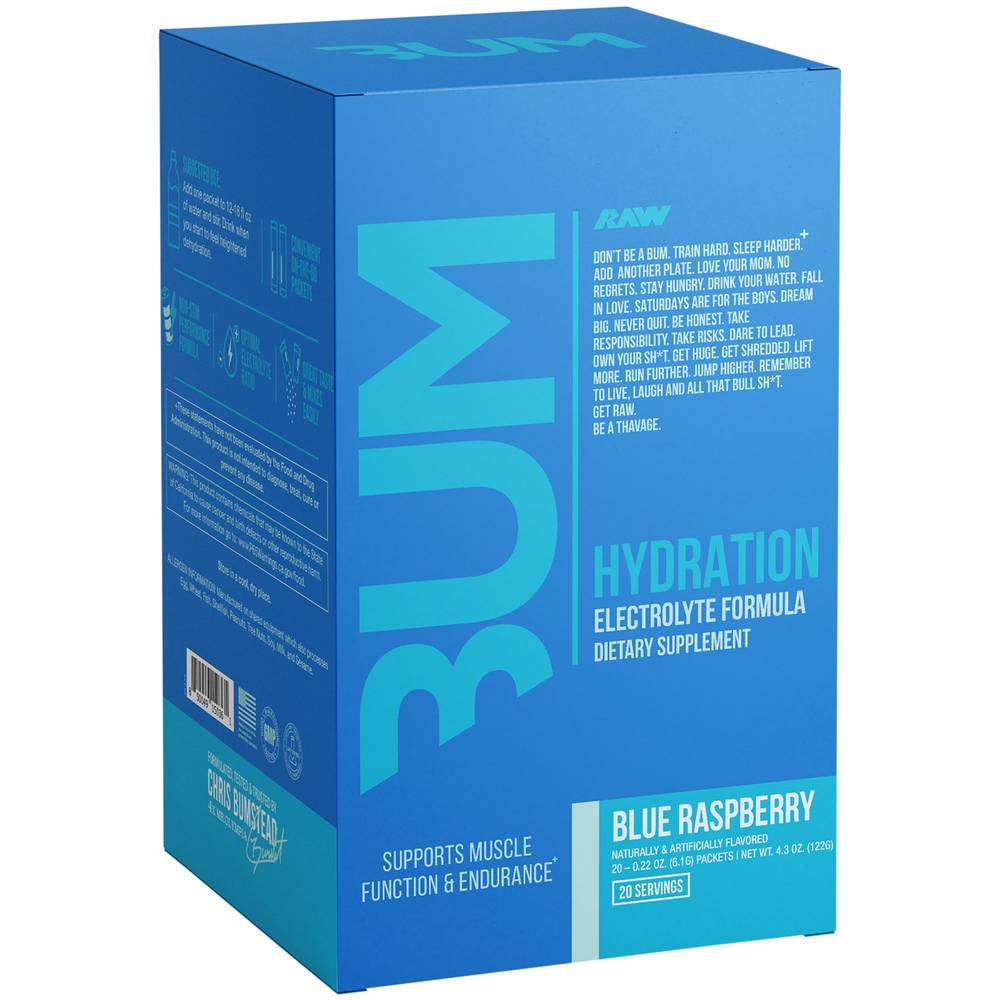 Raw Nutrition’s Bum Hydrate Electrolytes Powder Drink Mix Packets (4.4 oz) (blue raspberry)