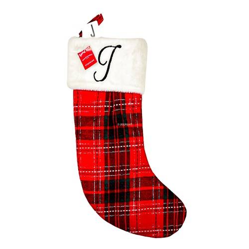 20" Plaid Monogram 'J' Christmas Holiday Stocking with Faux Fur Cuff Red/Green/White - Wondershop™