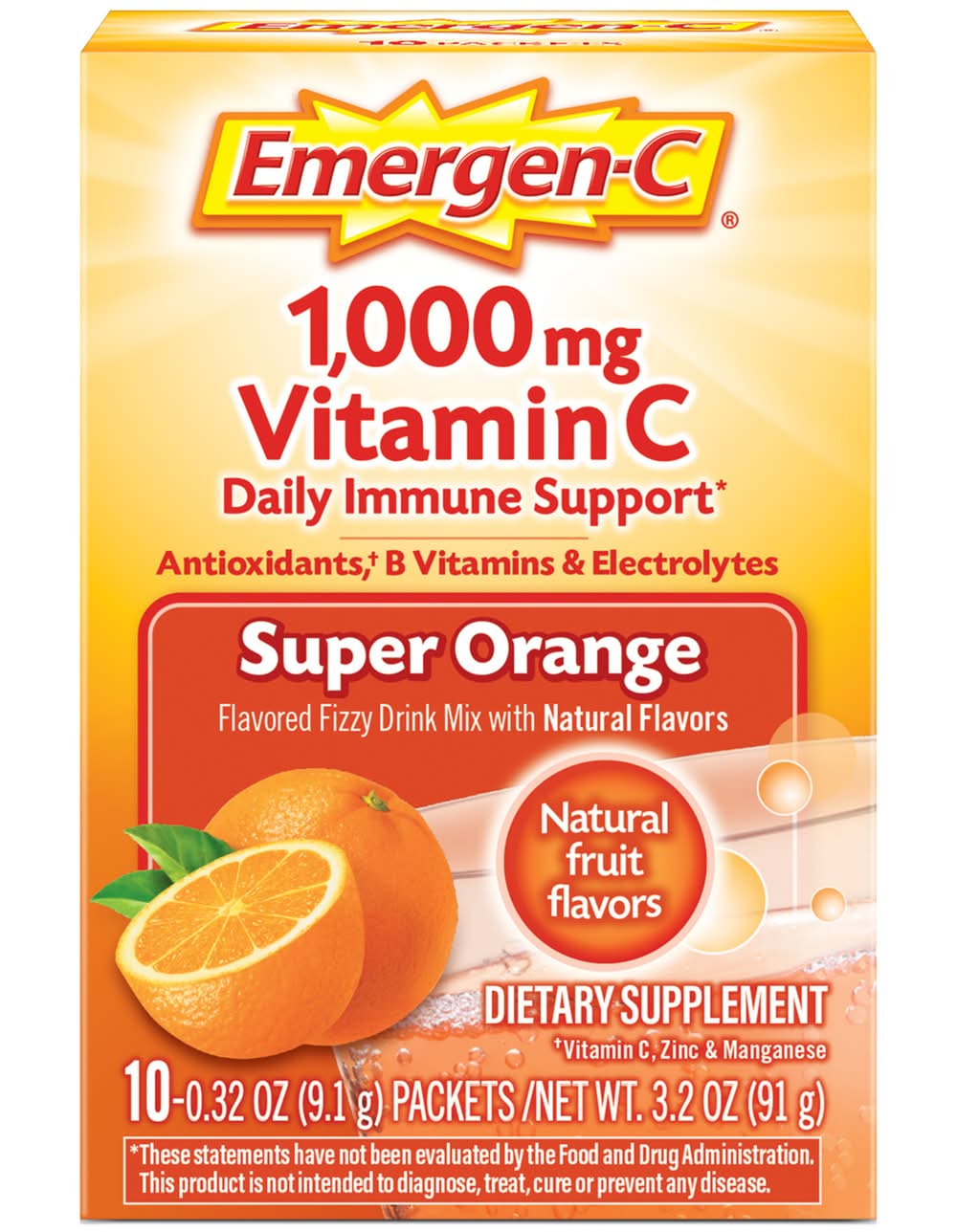 Emergen-C 1000 Mg Vitamin C Supplement Drink Mix, Super Orange (10 x 0.32 oz)
