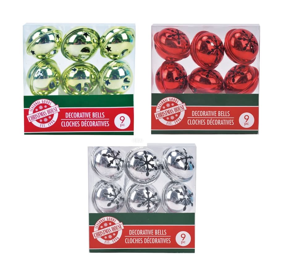 Christmas House Merry Decorative Metal Bells, Gold-Silver & Red (3 x 9 ct)