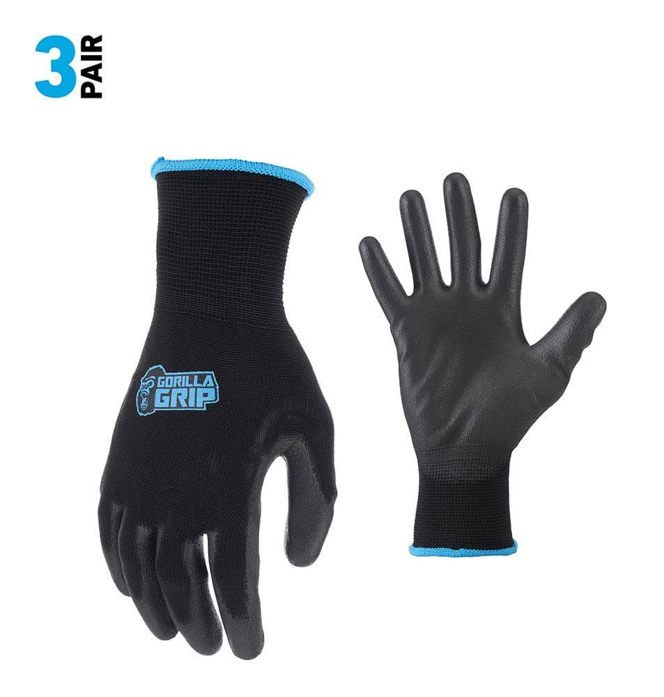 Gorilla Grip Latex Free Non Slip Nitrile Coated Gloves, Large, Black (3 ct)