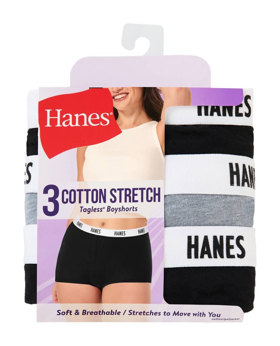Hanes Women'S Cotton Stretch Tagless Boyshorts Size 8 3 Ct