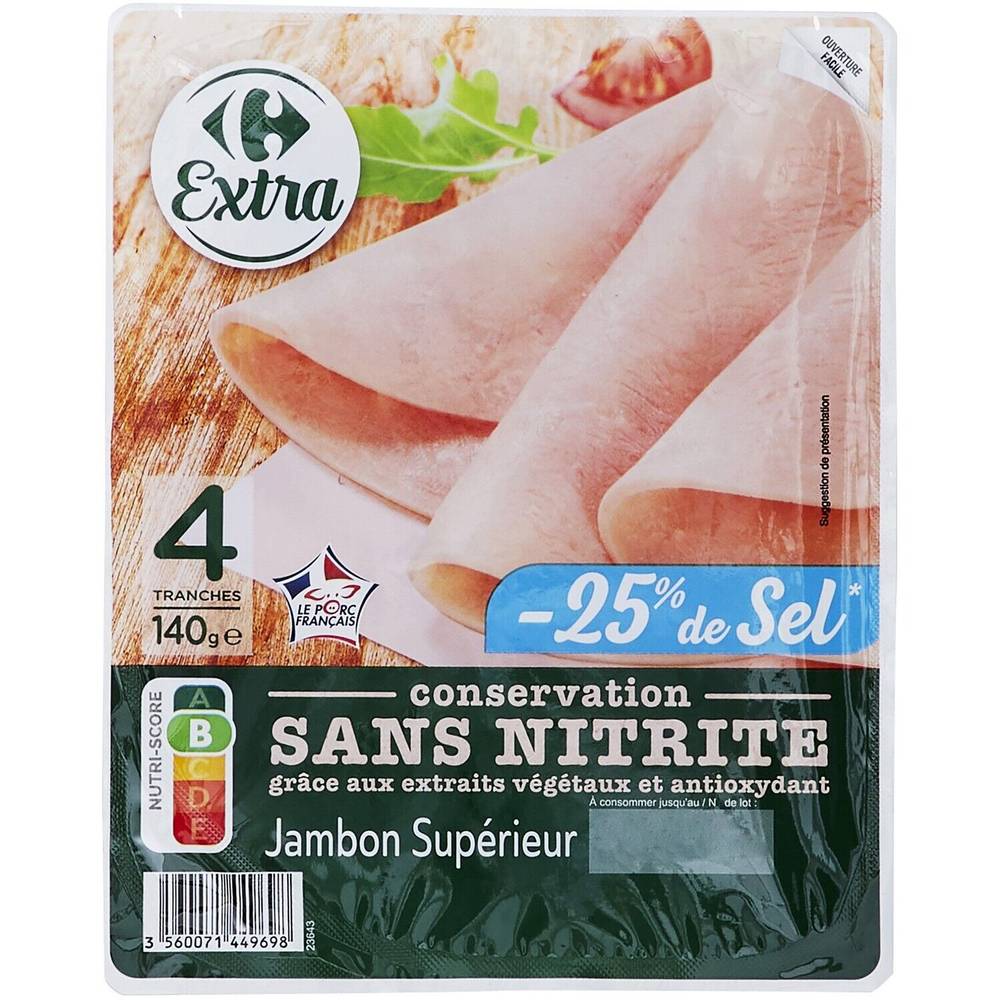 Carrefour Extra - Jambon supérieur 25% de sel réduit sans nitrite (4 pièces)