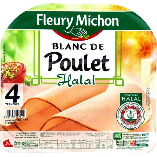 Blanc de poulet halal FLEURY MICHON - la barquette de 4 tranches - 160 g