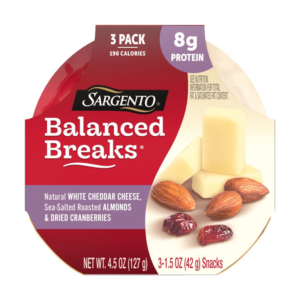 Sargento Balanced Breaks Natural White Cheddar, Sea-Salted Roasted Almonds & Dried Cranberries - 4.5oz/3ct
