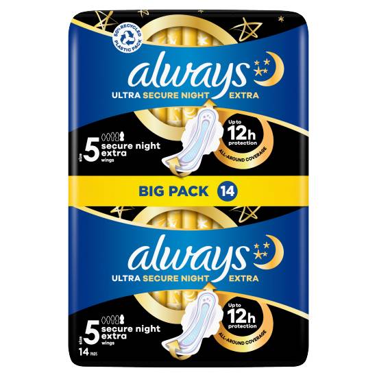 Always 5, Night Extra Plus Ultra Sanitary Towels Secure Wings (14 pack)