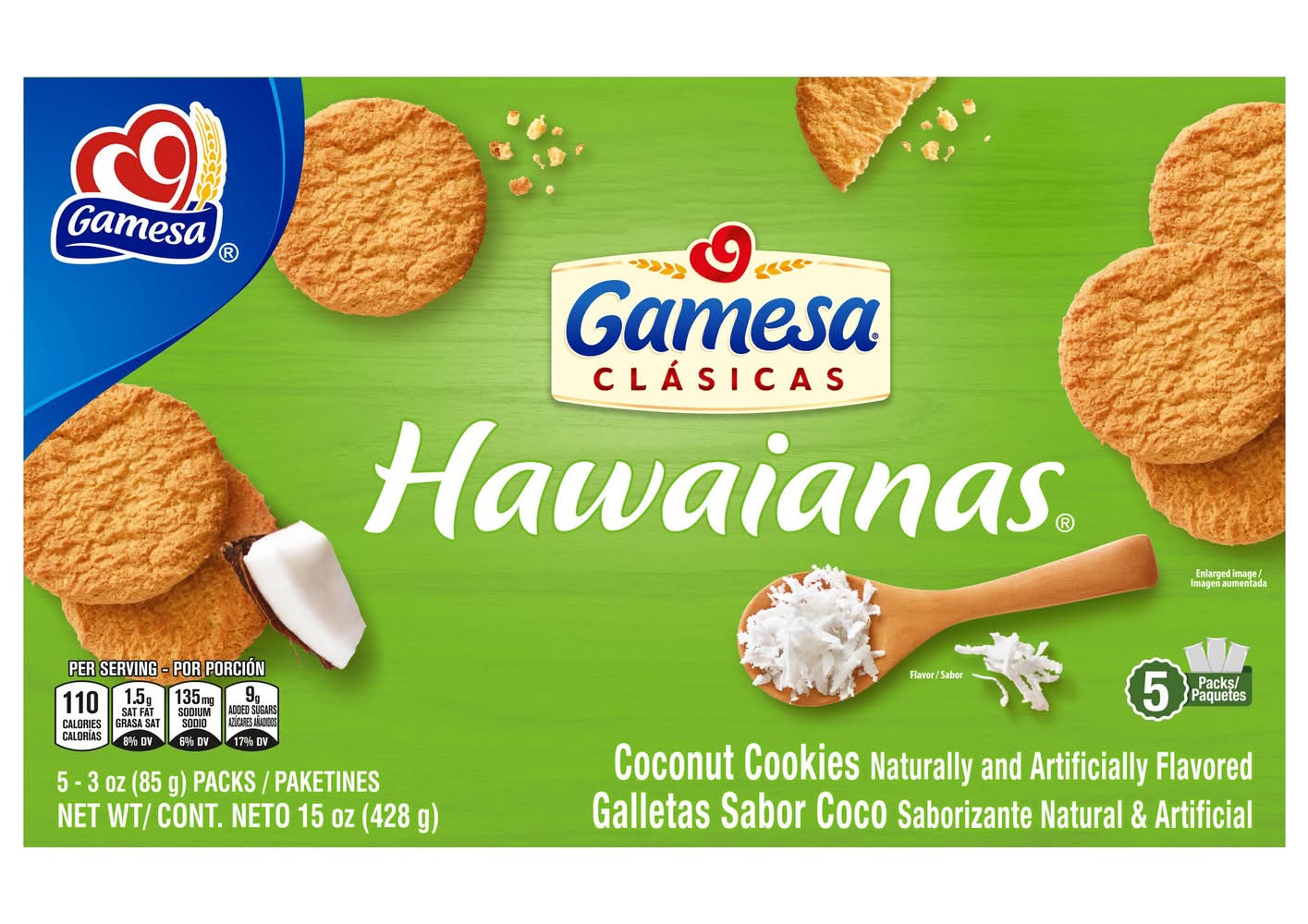 Gamesa Hawaianas Cookies, Coconut (5 x 3 oz)