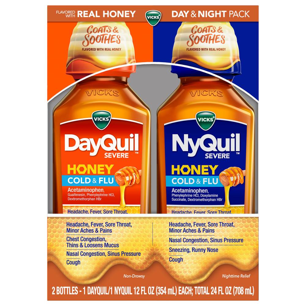 Vicks Nyquil Severe Maximum Strength Cold & Flu Relief Liquid, Honey (24 fl oz, 2 ct)