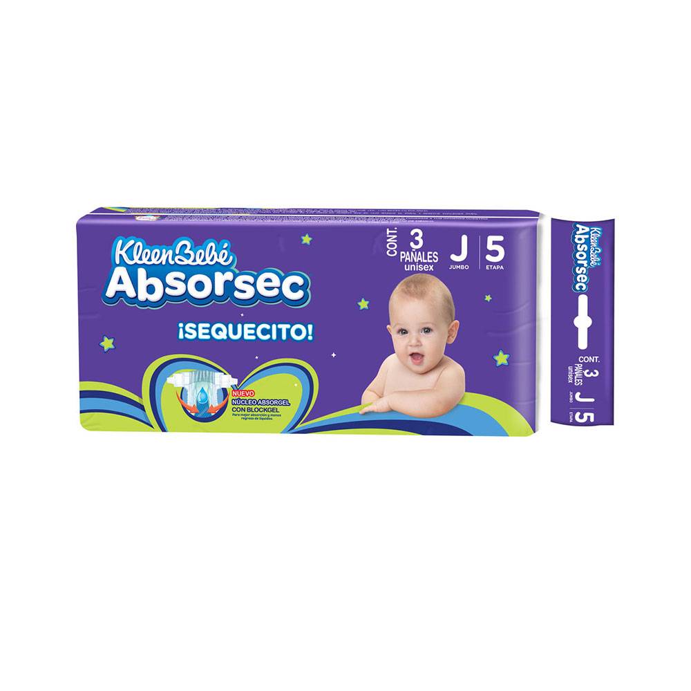 KleenBebé · Pañales absorsec, unisex, Jumbo (3 un)