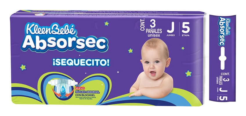 KleenBebé · Pañales absorsec, unisex, Jumbo (3 un)