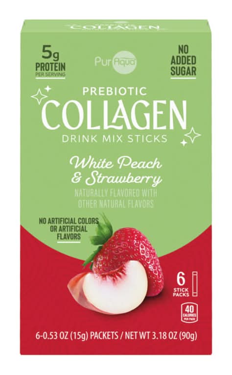 PurAqua White Peach Strawberry Prebiotic Collagen Drink Mix Sticks - 6 Count (6.2 oz)