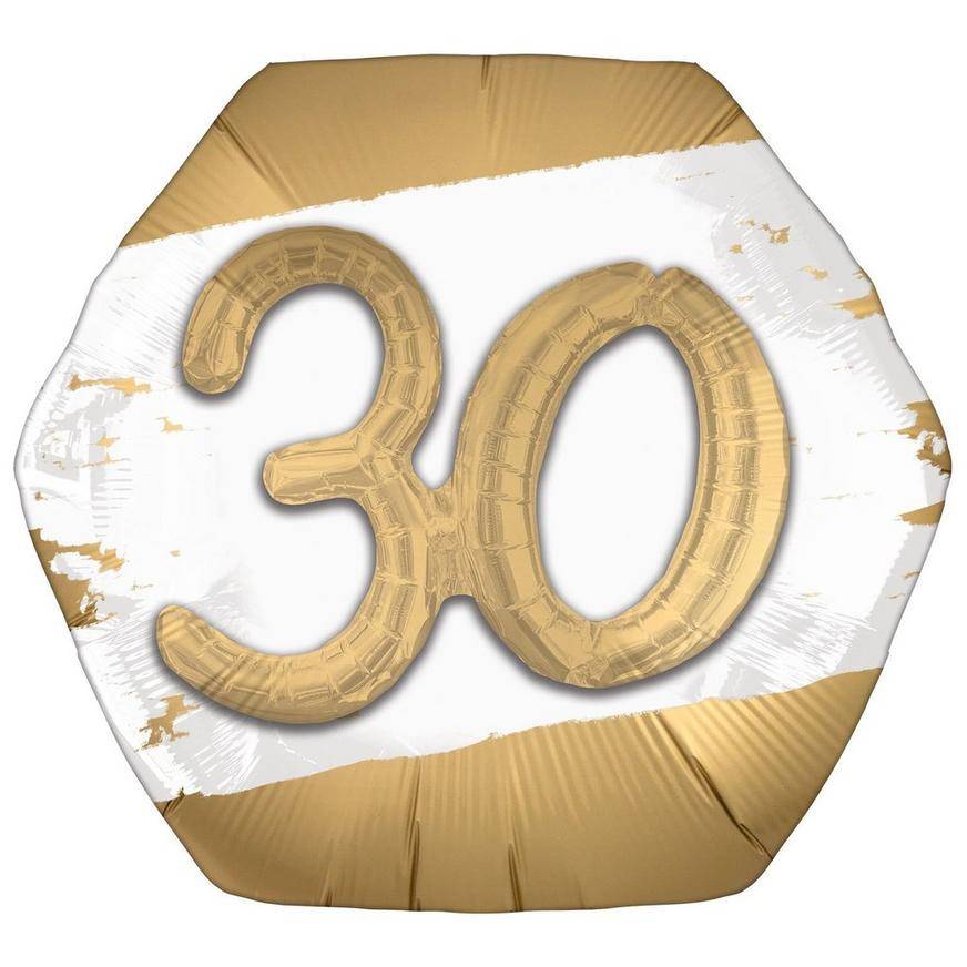 Uninflated Satin Golden Age Happy 30th Birthday Hexagonal Foil Balloon, 30in x 28in