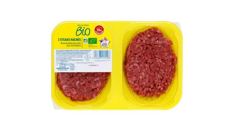 Monoprix Bio Steak haché de boeuf façon bouchére 15% mat. gr. Bio La barquette de 2 ; 250 g