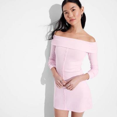 Women's Long Sleeve Mini Bodycon Dress - Wild Fable™ Light Pink XS: Off Shoulder, Lightweight, Pullover Style