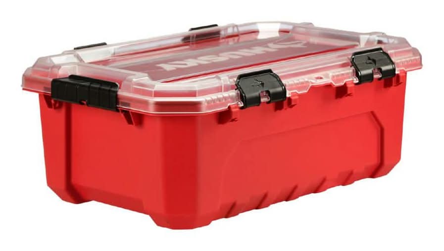 Husky 12-Gal. Professional Heavy Duty Waterproof Stackable Plastic Storage Container With Hinged Lid In Red