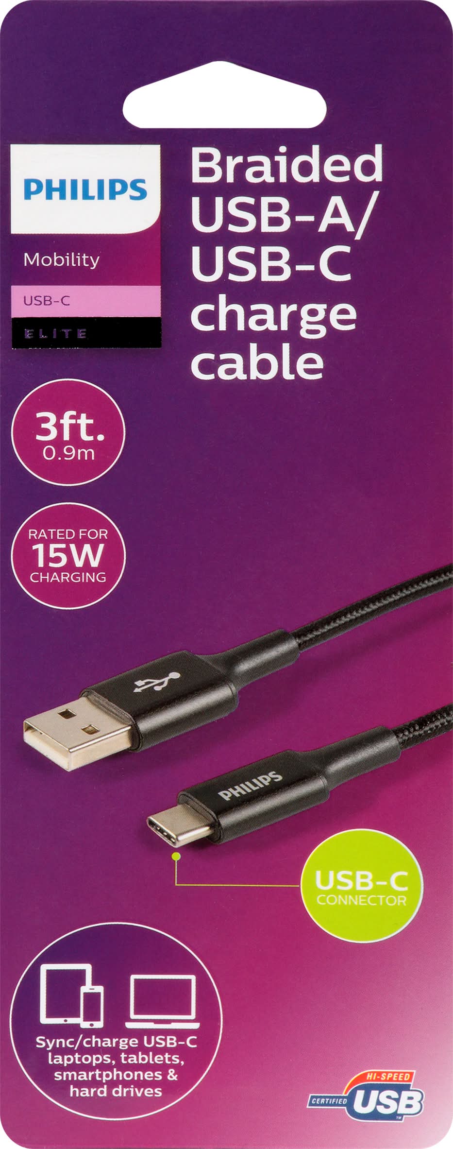 Philips Braided 3 Feet Usb-A / Usb-C Charge Cable