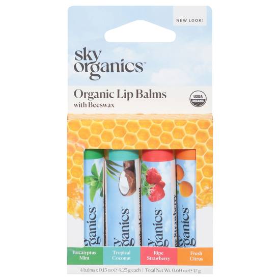 Sky Organics Organic Beeswax Assorted Flavours Lip Balms (4 ct)