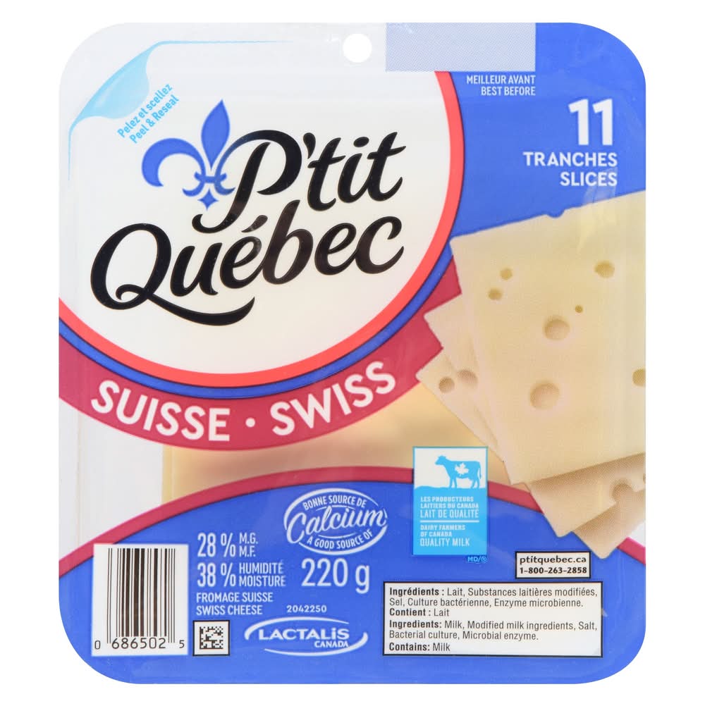 P'tit québec fromages suisses en tranches 28 % mg - swiss cheese slices 28% mf (11 unités)